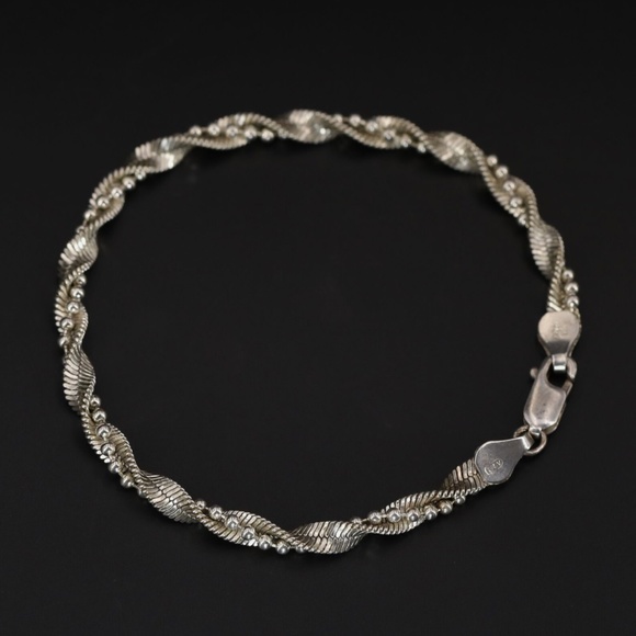 Sterling Silver Braided Ball & Herringbone Chain 7.25" Bracelet Made in Italy - Picture 3 of 5